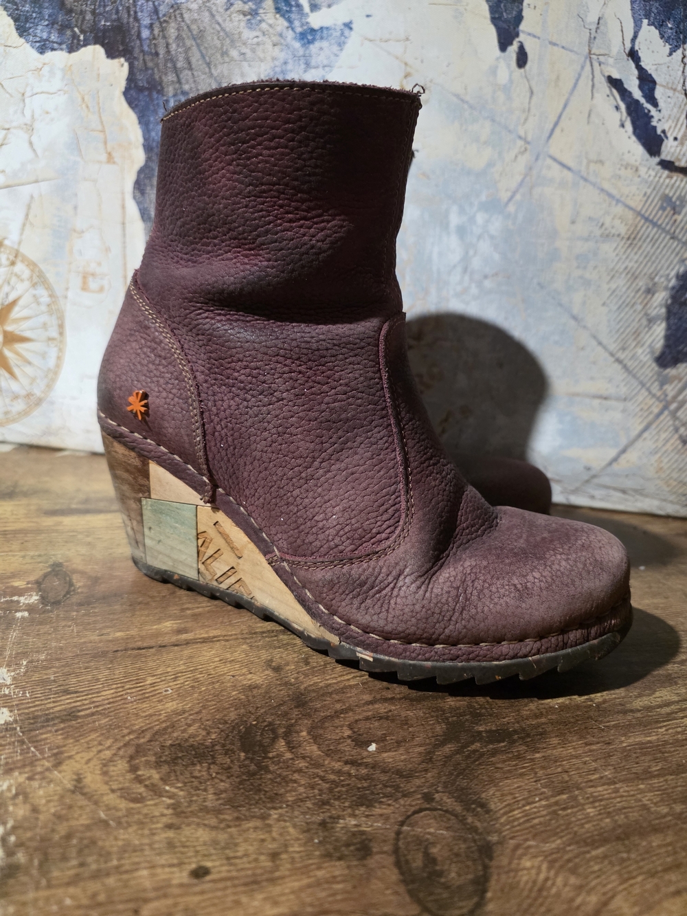 Womens Art Company Purple Distressed Leather Ankle Boots Boho Wedge Heel - Picture 5 of 14